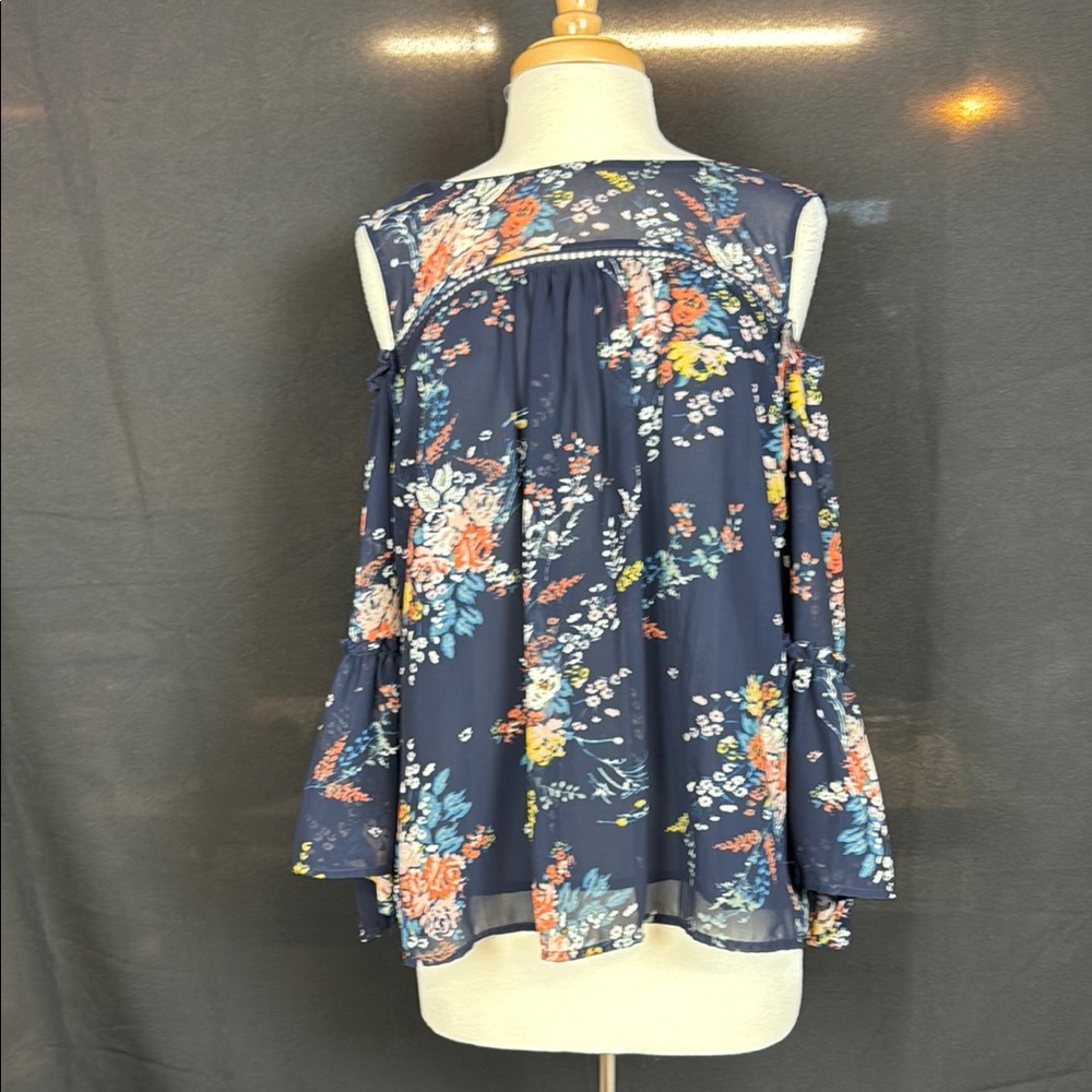 Lucky Brand Navy Floral Cold-Shoulder Top with Coral, Yellow & Teal Accents